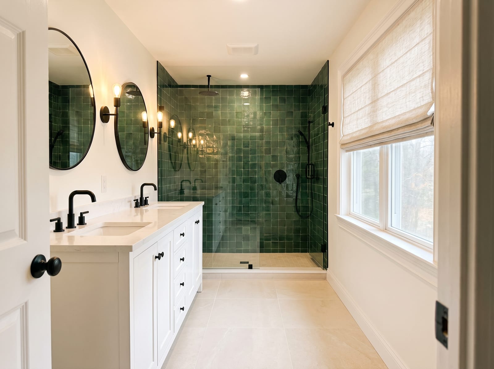 A remodeled family bathroom with a green tiled walk-in shower, a white double vanity and two round mirrors