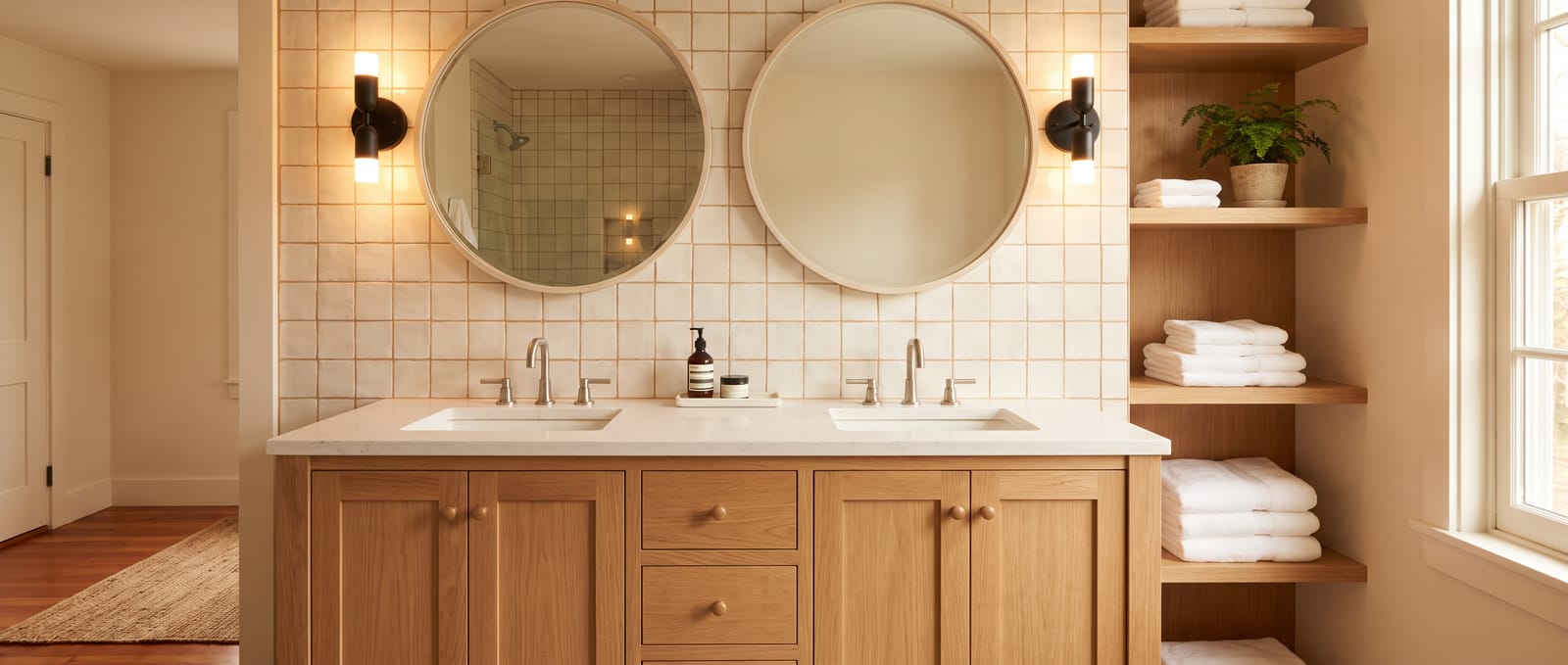An oak double vanity with two round mirrors, black wall sconces and open shelving stacked with towels
