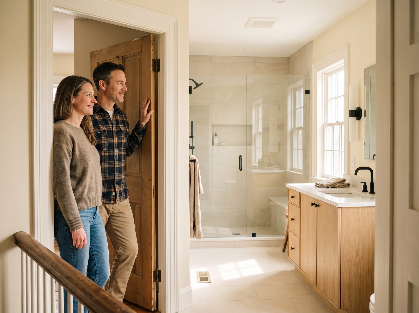 A couple stand in the doorway looking into their newly finished bathroom